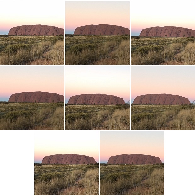 A selection of 8 similar looking photos of Uluru with various lighting and framing
